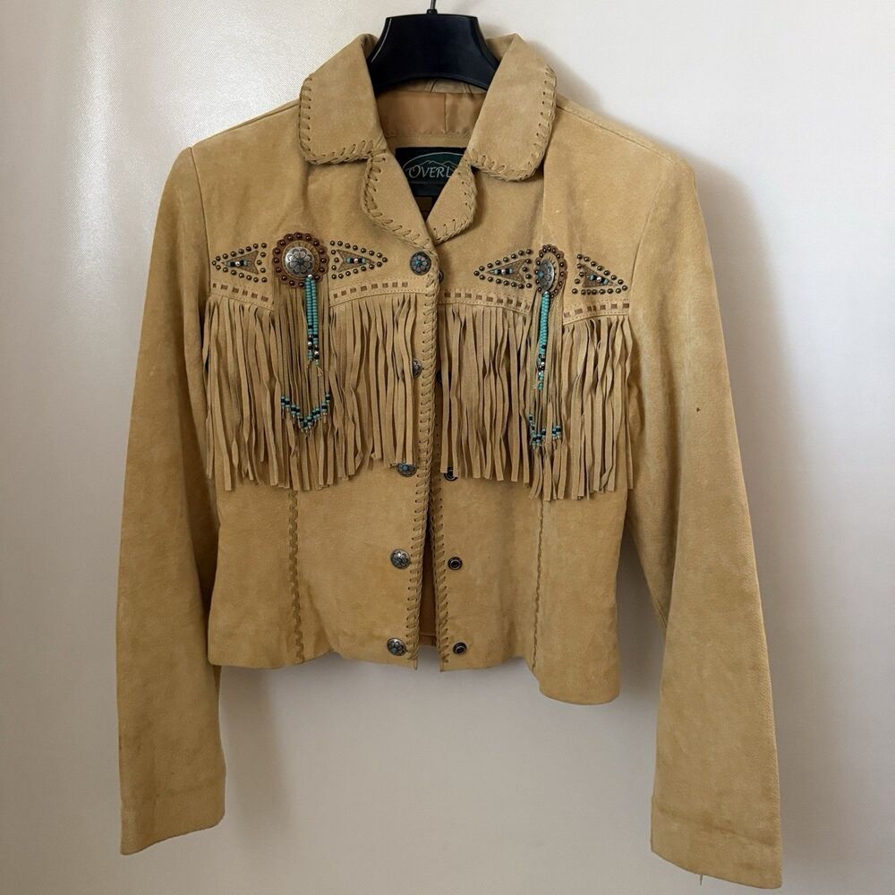 Overland Concho Fringe Native Indian Beaded Western Jacket Suede Leather Tan XS